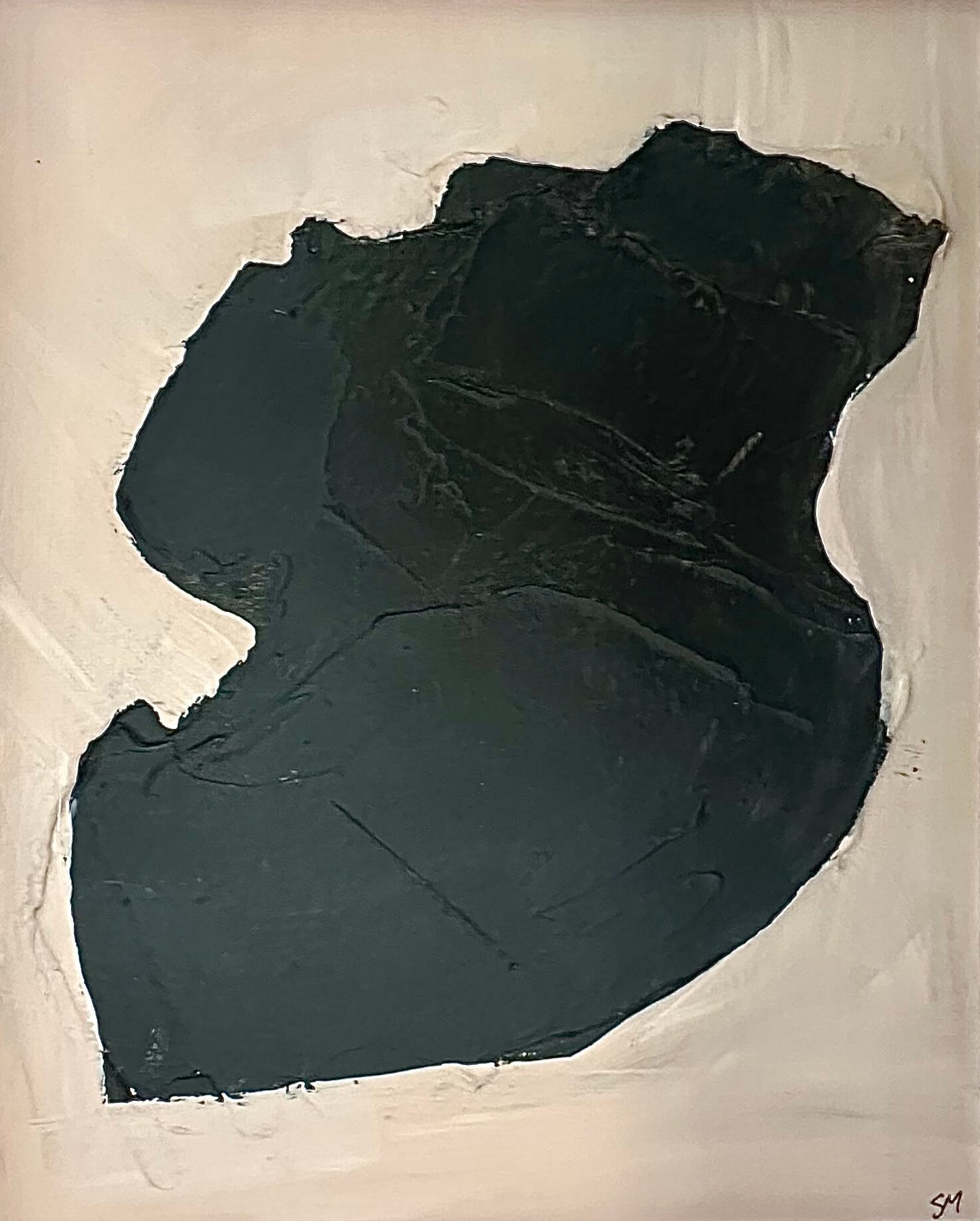 Abstract artwork with a large black shape on a beige background