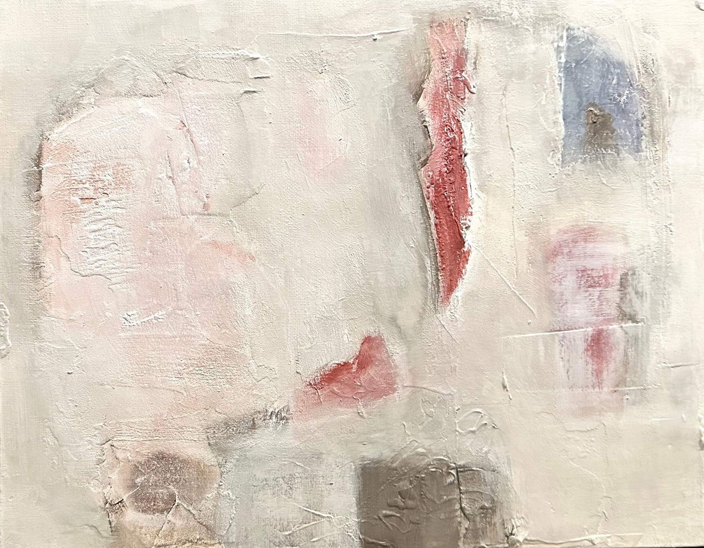 Abstract art with textured brushstrokes in pink, red, and beige on a light background