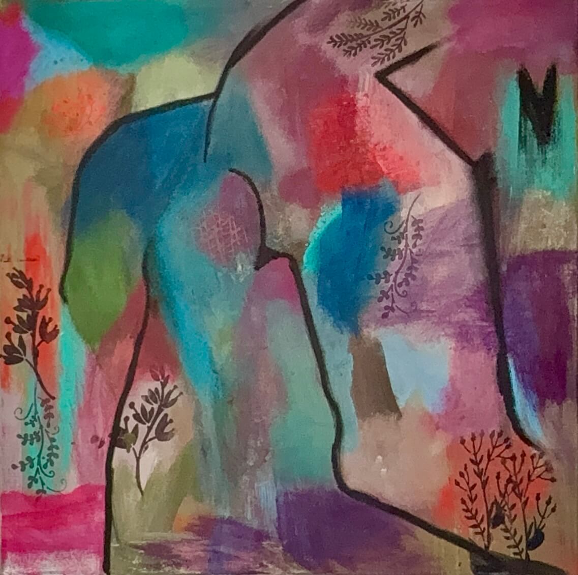 Abstract artwork with colorful shapes and a silhouette of a person.