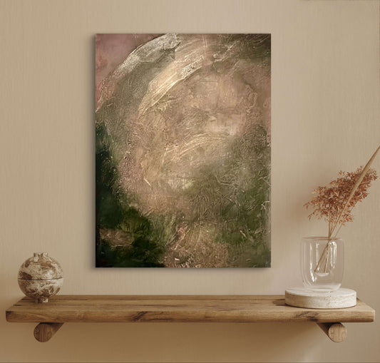 Abstract painting on a wall above a wooden shelf with decorative items.