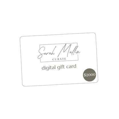 Digital gift card with 'Sarah Mallin Curate' branding and a $2000 value on a white background.