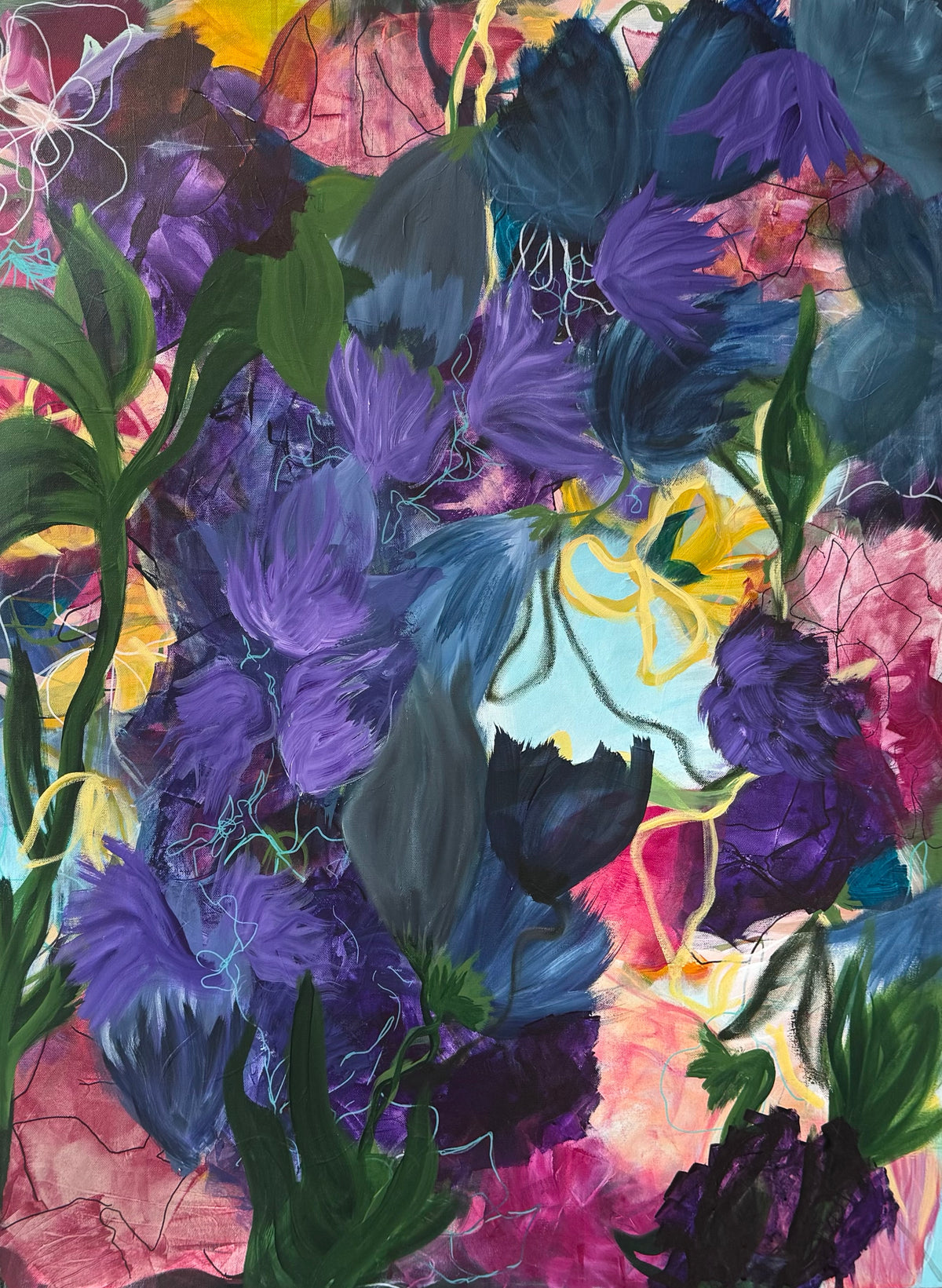Abstract painting background with purple, blue and green brushstrokes on colorful canvas