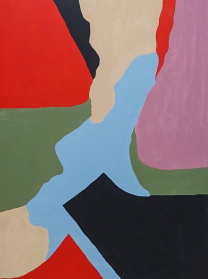 Abstract art with geometric shapes in various colors on a canvas.