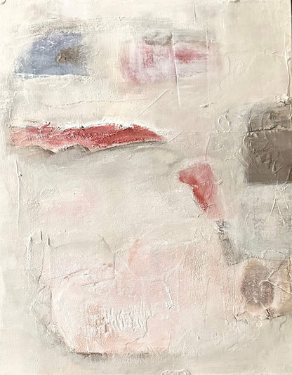 Abstract art with textured brushstrokes in pink, red, and beige on a light background