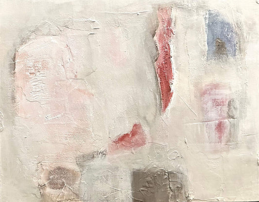 Abstract art with textured brushstrokes in pink, red, and beige on a light background