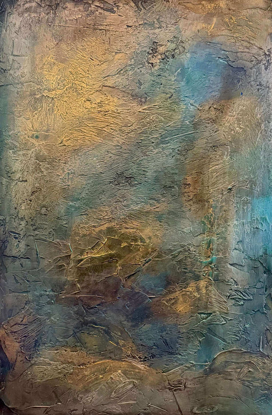 Abstract art with textured surface in gold, blue, and brown tones