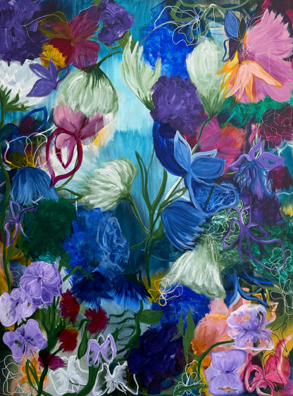 Colorful floral oil painting with textured brushstrokes and vibrant blue, purple, and pink flowers