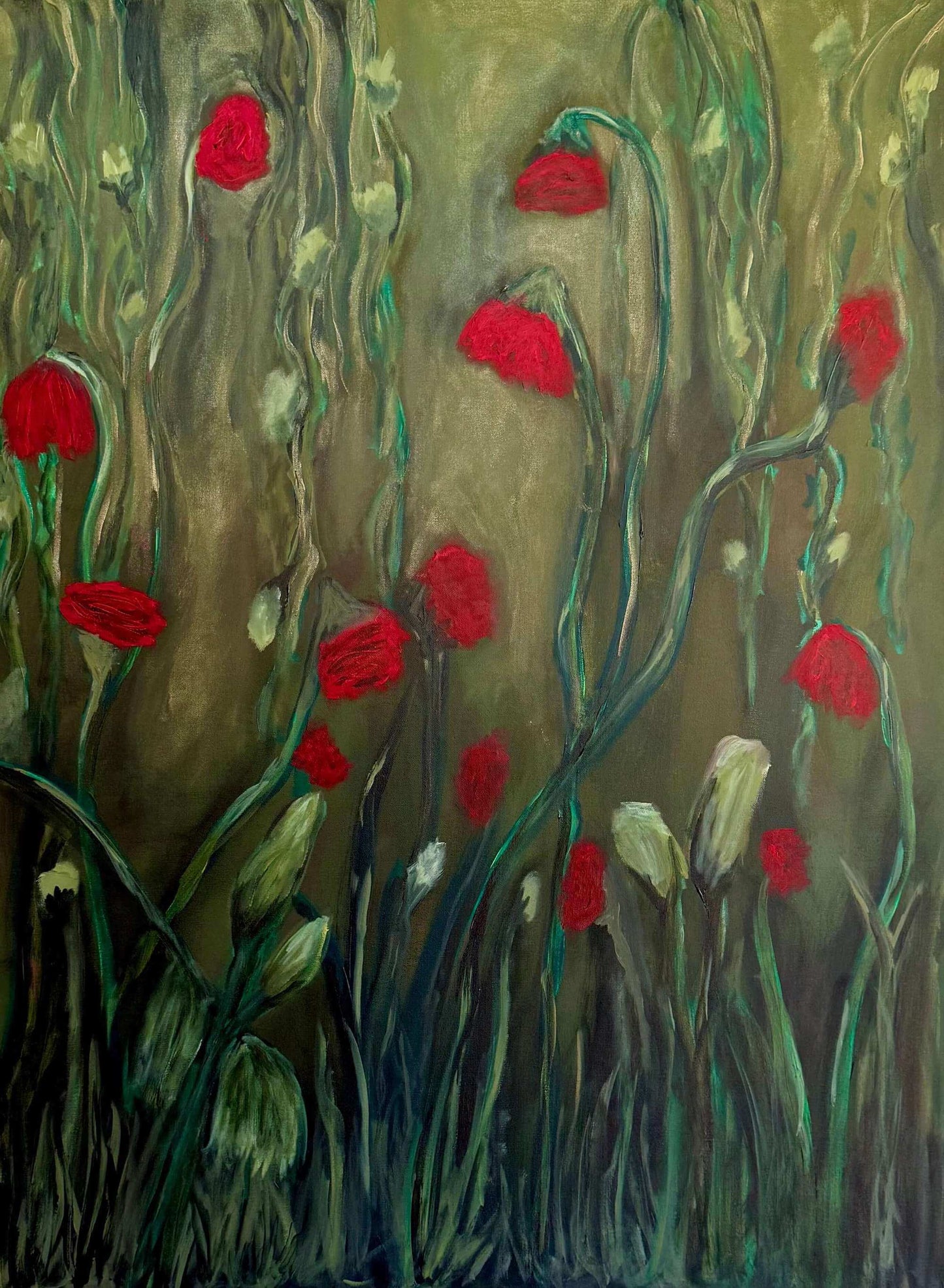 Artistic depiction of red flowers with green stems on a textured brown background