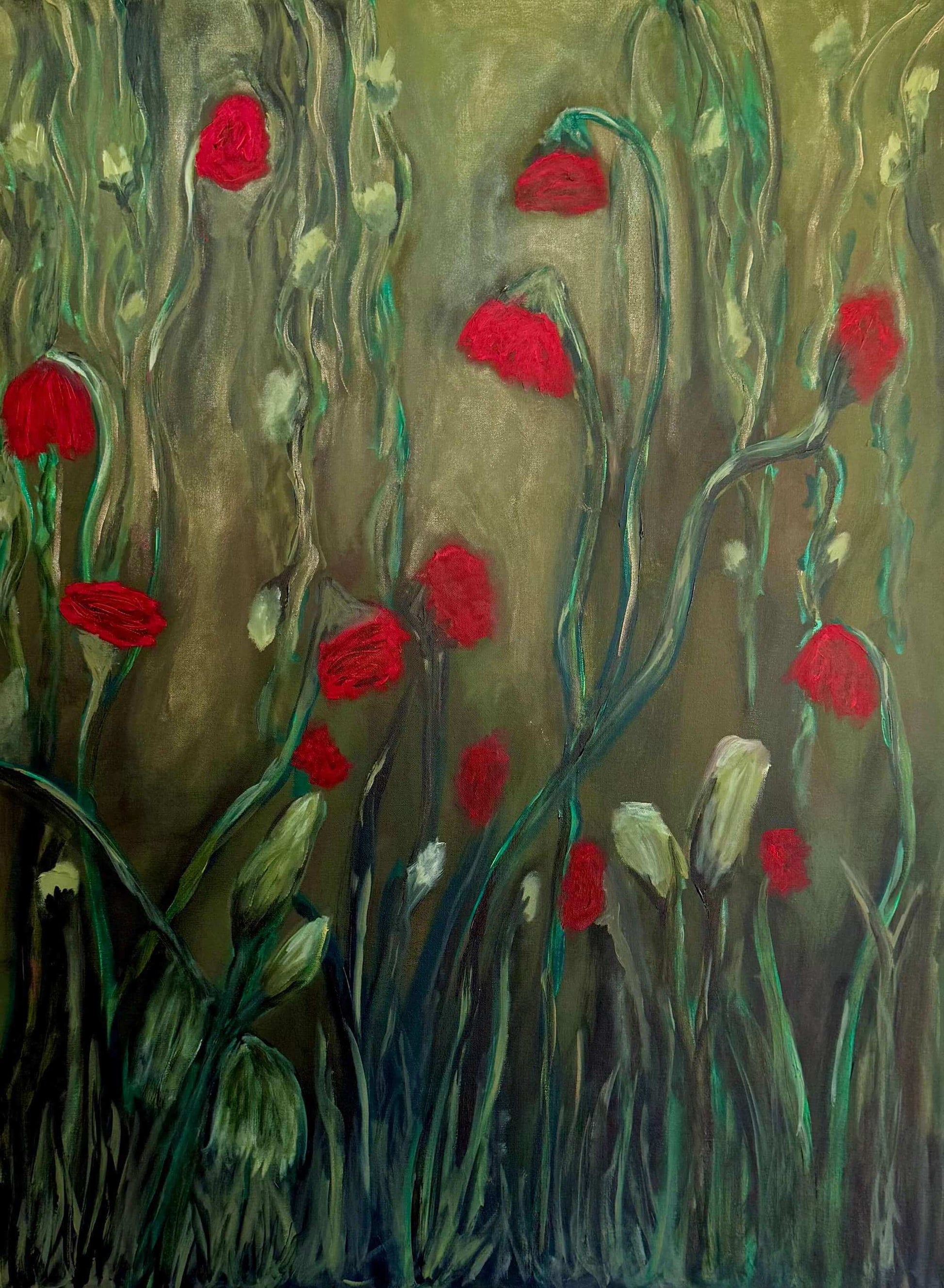 Artistic depiction of red flowers with green stems on a textured brown background