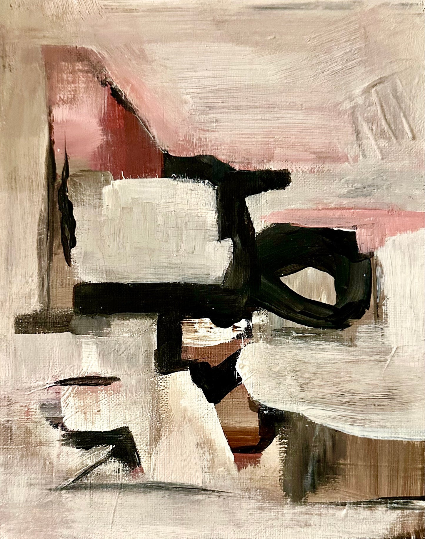 Abstract art piece with black, white, and gray brush strokes