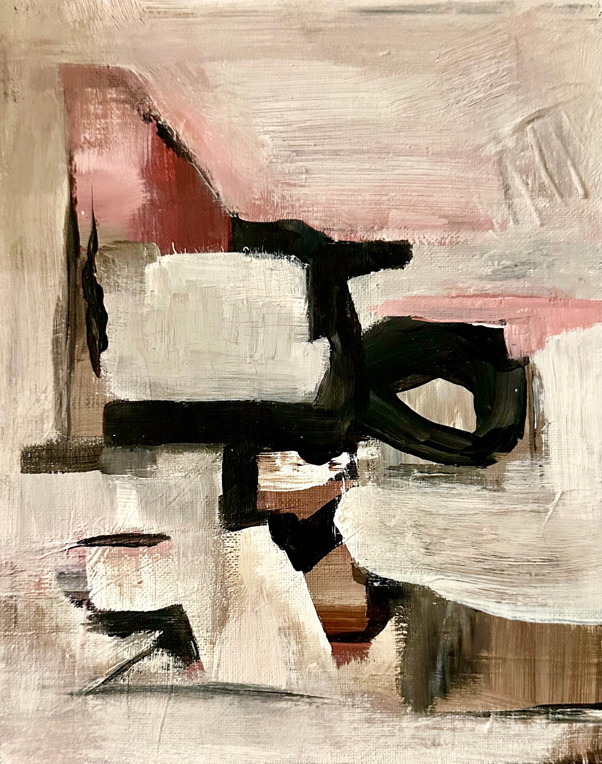 Abstract art piece with black, white, and gray brush strokes