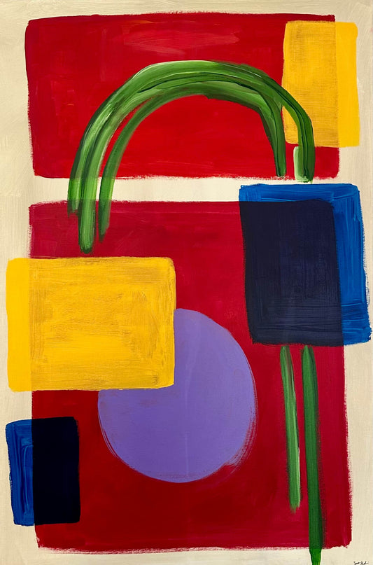 Abstract art piece with geometric shapes in red, yellow, blue, and purple on a beige background.