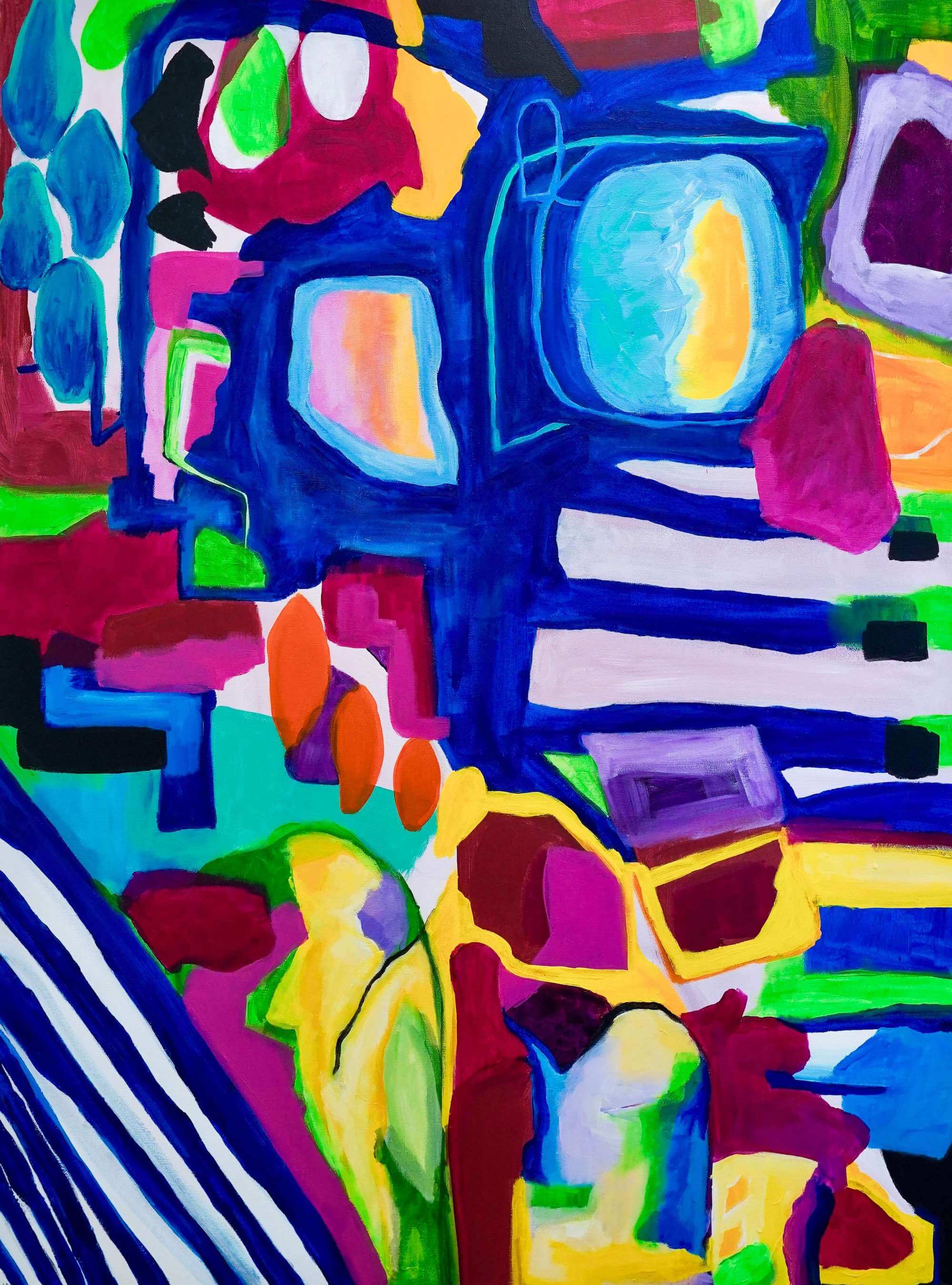 Colorful abstract painting with geometric shapes and patterns