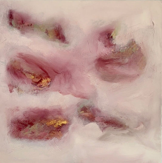 Abstract art with pink and gold tones on a textured surface