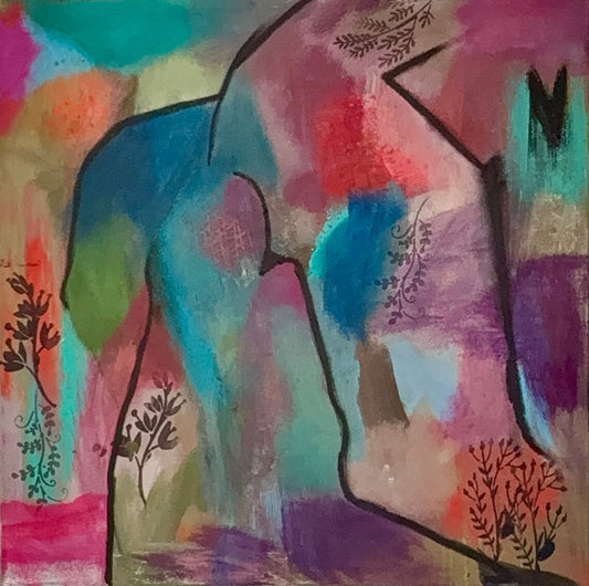 Abstract artwork with colorful shapes and a silhouette of a person.