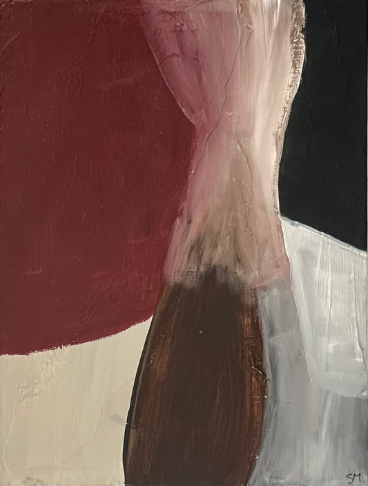 Abstract art piece with a mix of brown, beige, and black colors on a textured surface.