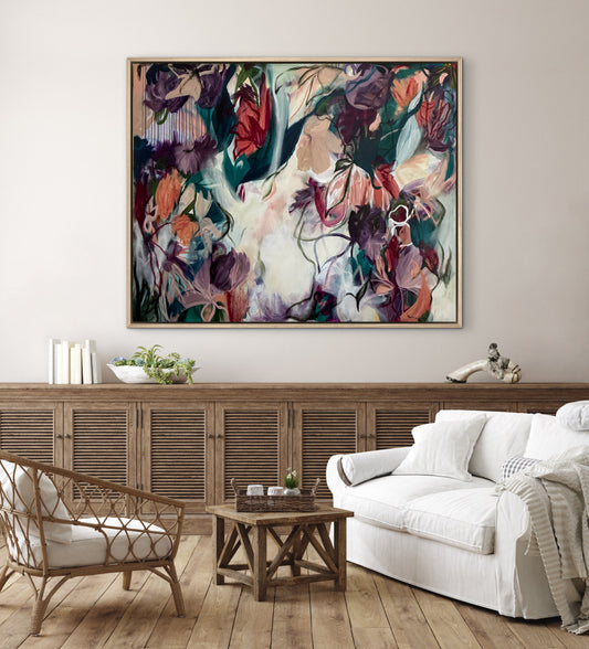 Abstract floral wall art print in colorful paint on canvas with wooden frame, multicolor