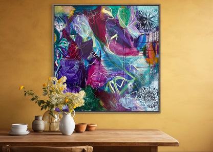 Abstract portrait wall art painting of colorful figures on canvas, framed