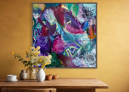 Abstract portrait wall art painting of colorful figures on canvas, framed