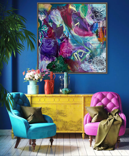 Abstract wall art print in purple, teal, and pink with floral line details in framed canvas look