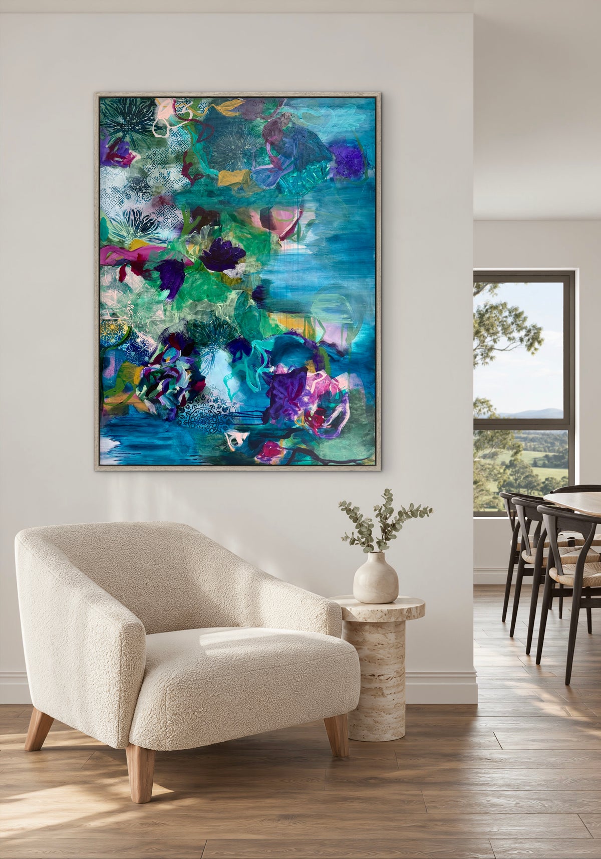 Colorful abstract wall art print with teal, purple, and floral motifs in a framed canvas