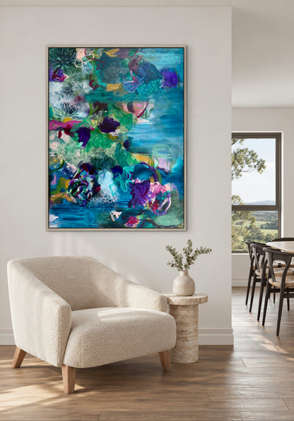 Colorful abstract wall art print with teal, purple, and floral motifs in a framed canvas