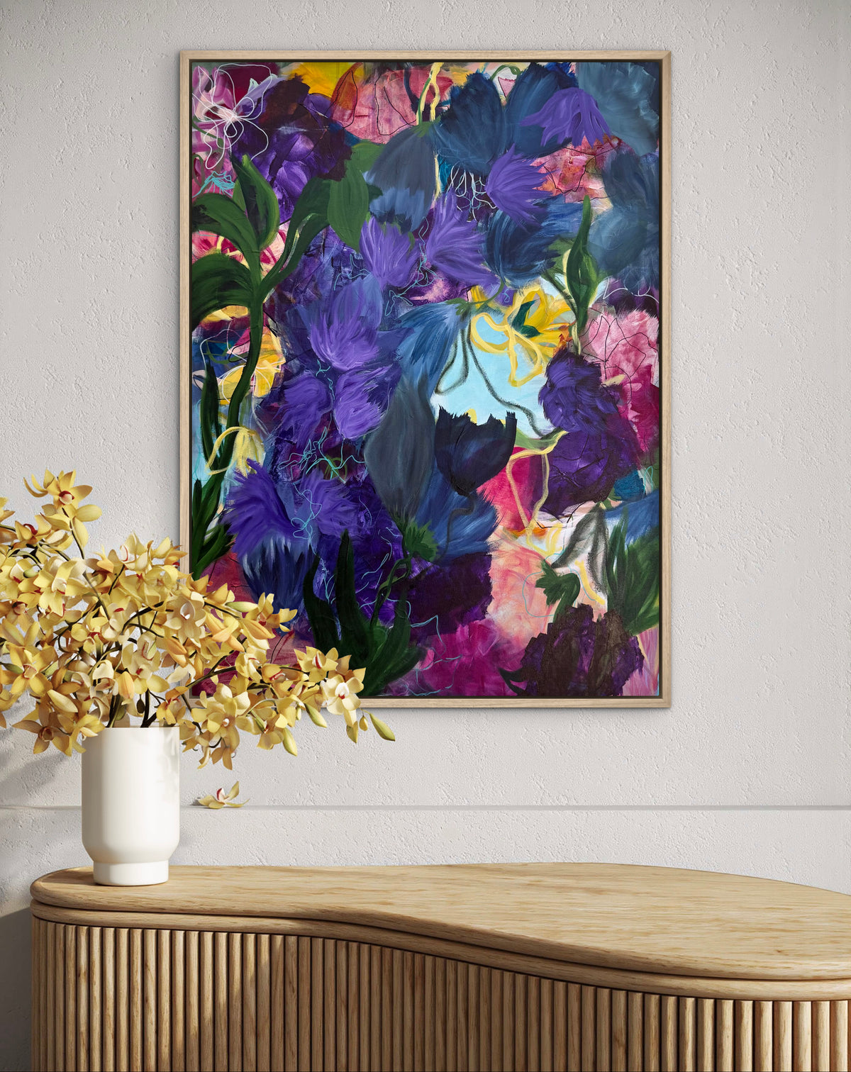 Framed floral wall art print with vibrant purple blue flowers, textured acrylic paint style