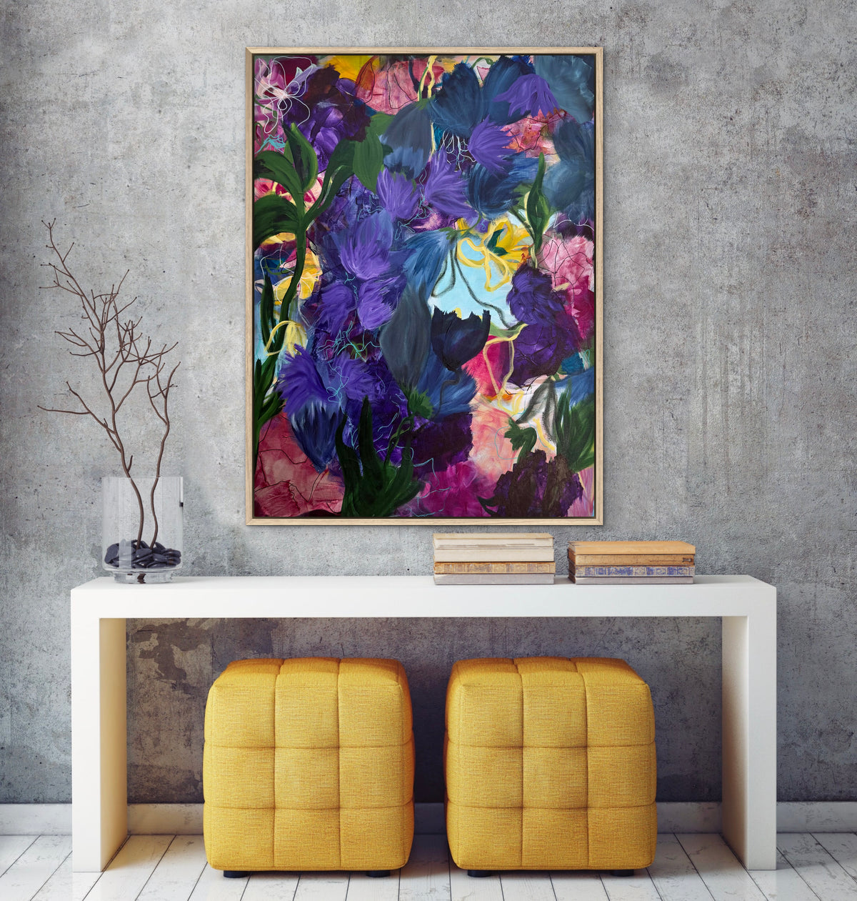 Framed floral wall art print with purple and blue irises, colorful abstract brushstrokes