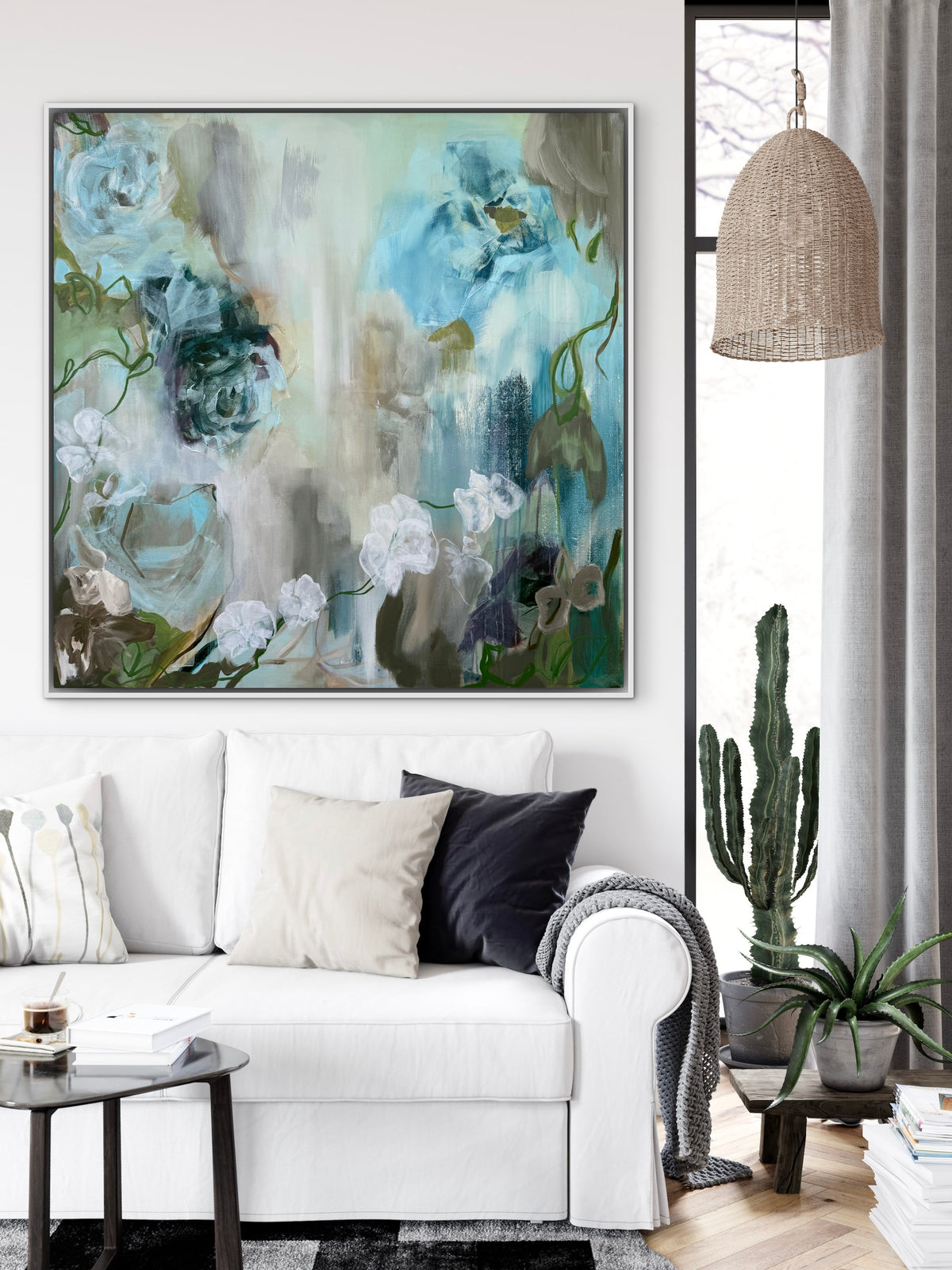 Teal floral abstract wall art print in framed canvas, modern home decor