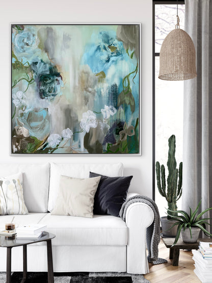 Teal floral abstract wall art print in framed canvas, modern home decor