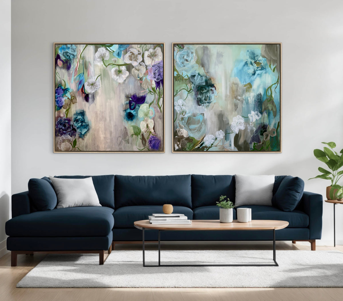 Set of 2 floral abstract wall art prints, blue and white, framed canvas