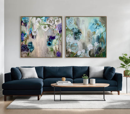 Set of 2 floral abstract wall art prints, blue and white, framed canvas