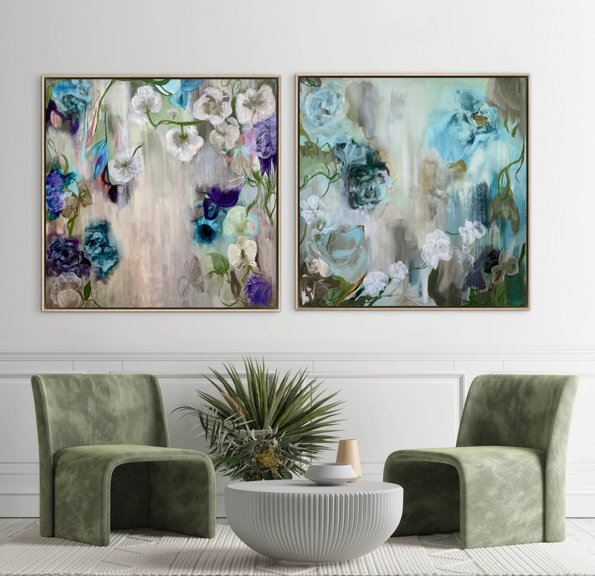 Set of 2 floral wall art prints in blue, white, and purple with wooden frame, abstract textured finish