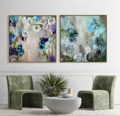 Set of 2 floral wall art prints in blue, white, and purple with wooden frame, abstract textured finish