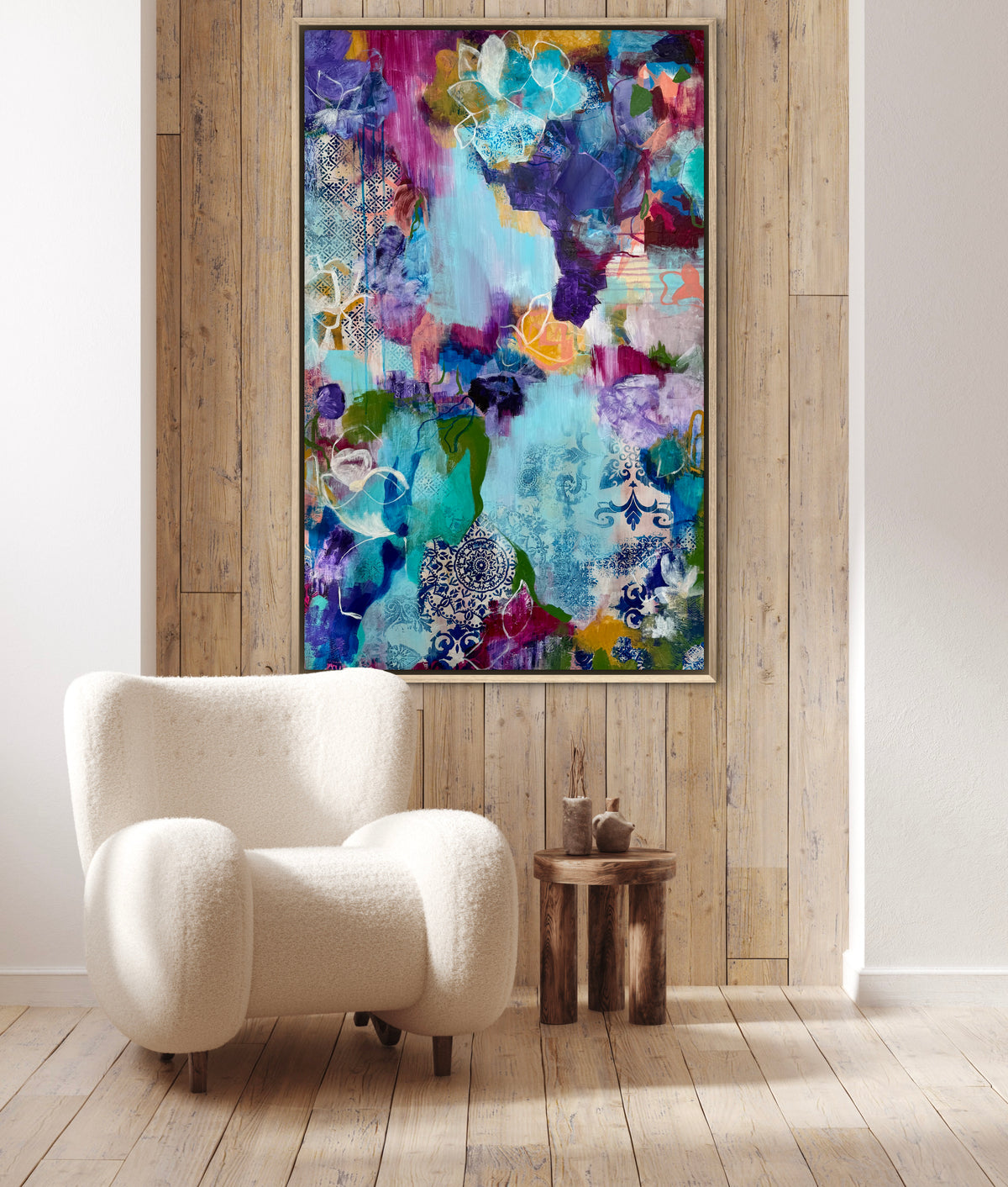 Abstract multicolor wall art print with blue, purple and teal accents in a framed canvas