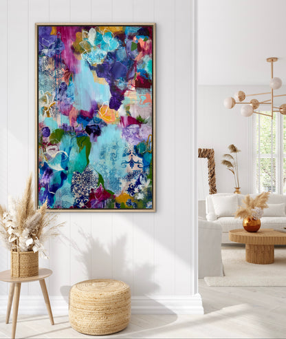 Abstract wall art canvas print with colorful collage patterns in blue, purple, and teal