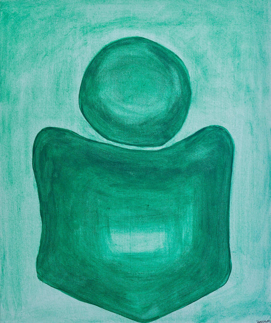 Abstract green artwork with two rounded shapes on a teal background