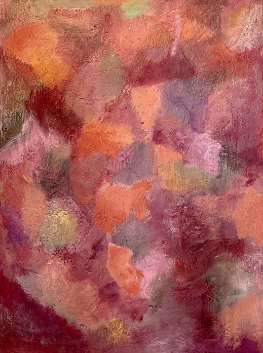 Abstract painting with a mix of pink, orange, and purple hues