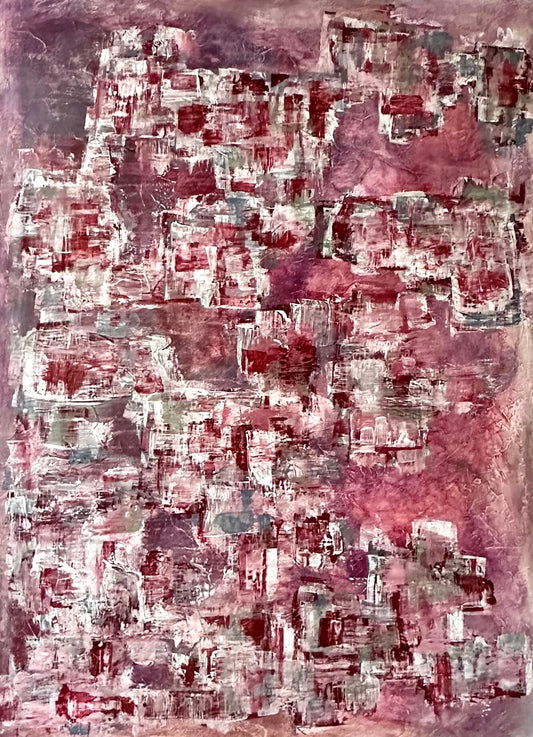 Abstract art piece with a mix of pink, red, and gray colors.