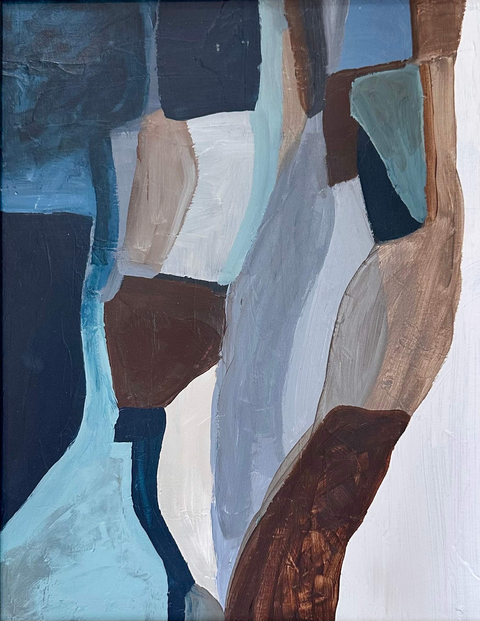 Abstract art with brown, blue, and white colors on a textured surface