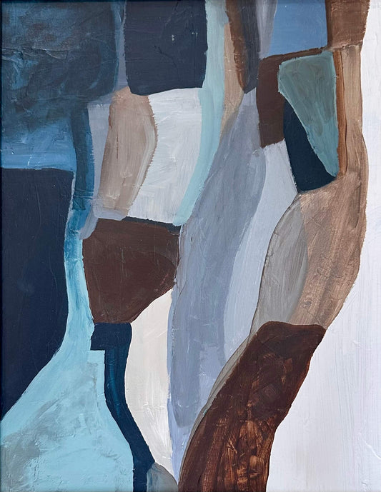 Abstract art with brown, blue, and white colors on a textured surface