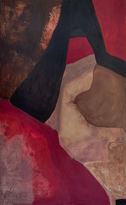 Abstract artwork with red, black, and brown colors