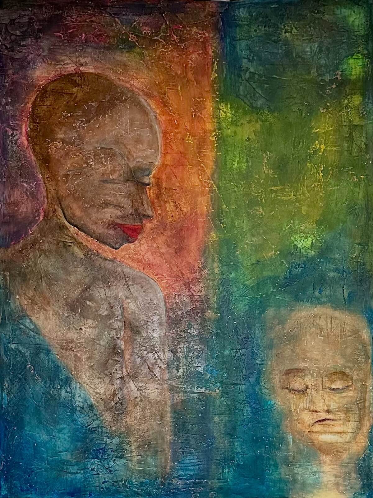 Abstract artwork with two human-like figures against a multicolored background