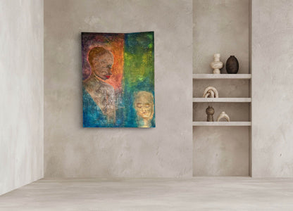 Abstract painting of a face on a textured wall with shelves below
