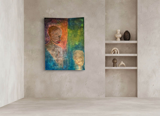 Abstract painting of a face on a textured wall with shelves below