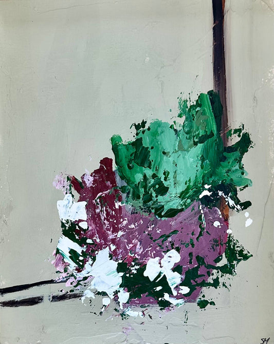 Abstract painting with splashes of green, purple, and white on a beige background