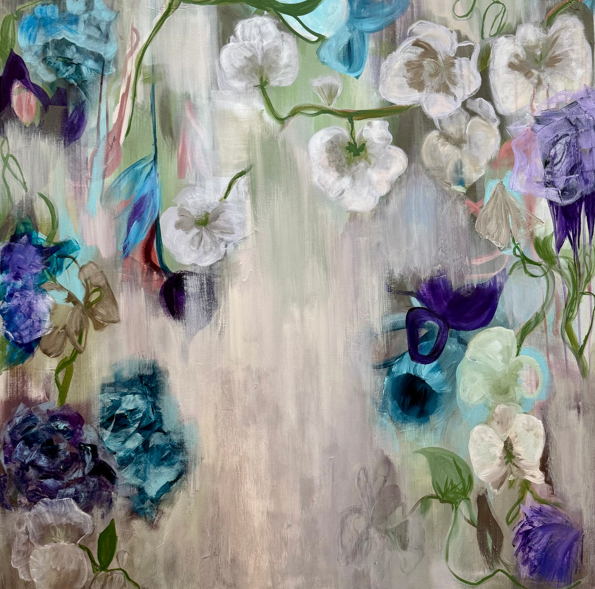 Floral abstract canvas print with white flowers, blue and purple accents on beige background