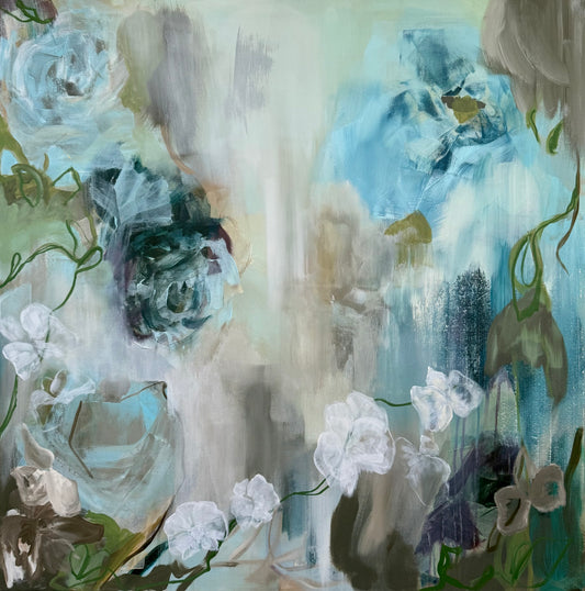 An abstract floral painting featuring soft, painterly roses and orchids in shades of blue, white, sage green, gray, and beige with subtle dark accents.