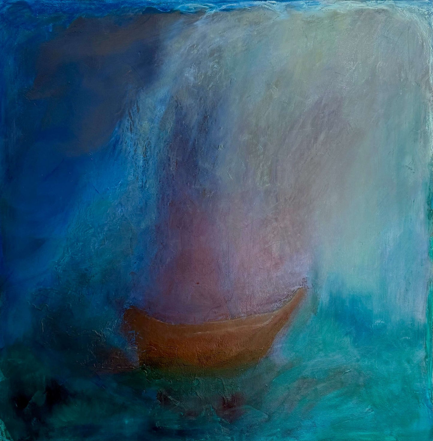 Abstract painting of a boat in water with a large wave in the background