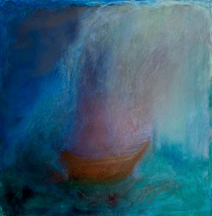 Abstract painting of a boat in water with a large wave in the background